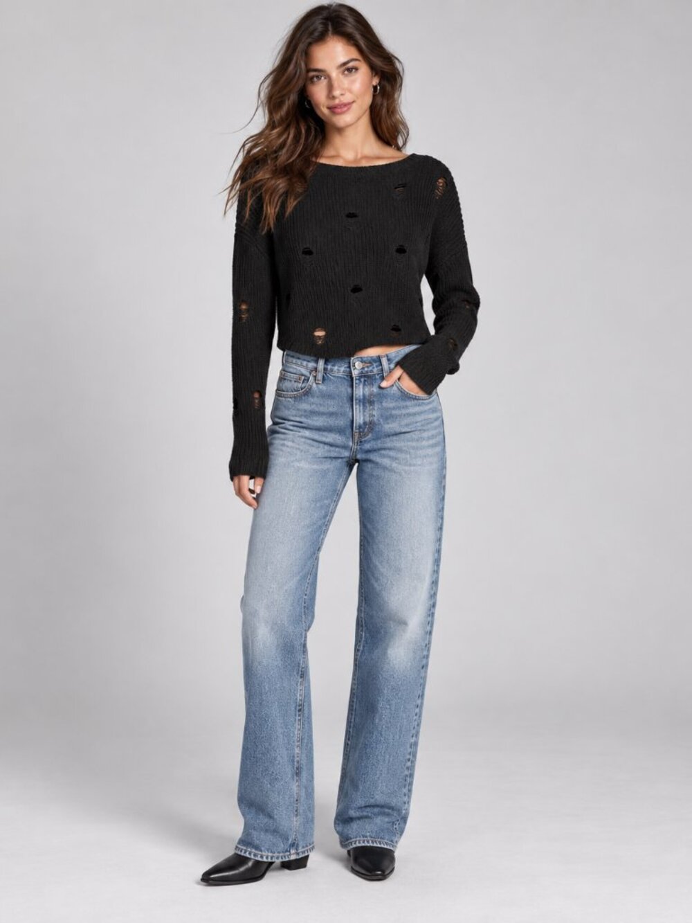 Express Black Distressed Cropped Knit Sweater – XS
